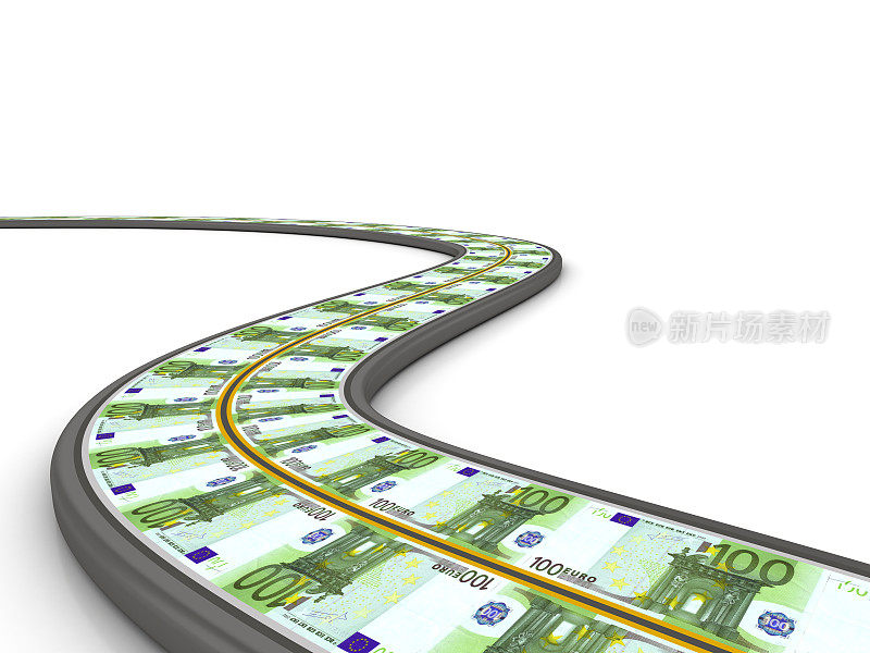 蜿蜒的3D道路与欧元钞票- 3D渲染